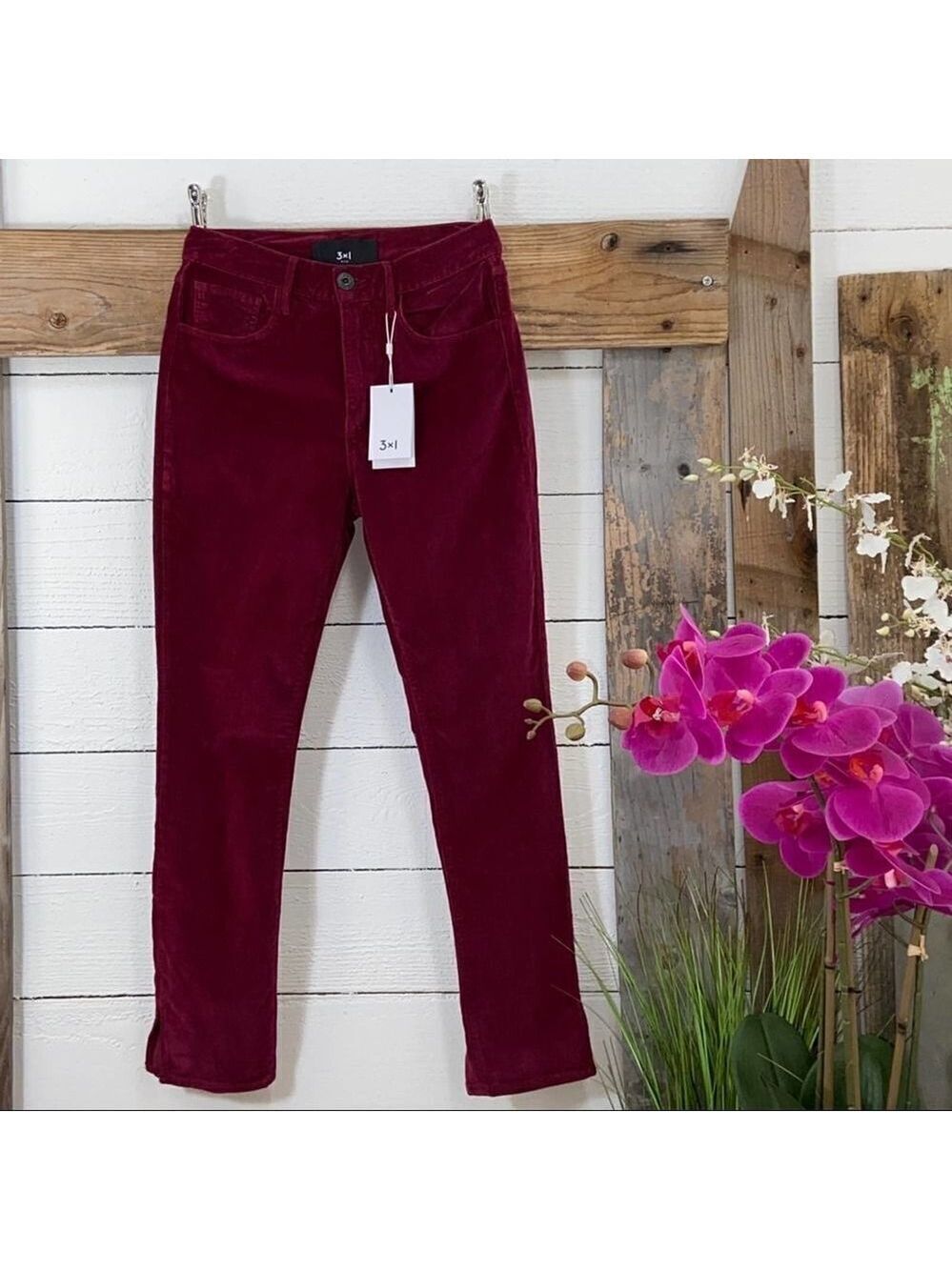 3x1 Higher Ground Cropped Stretch Cotton Velvet Merlot Size 26